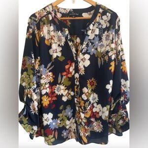 Zac & Rachel nvy flrl buttn dwn roll tab slv v nk blouse WM 2X boho feminine